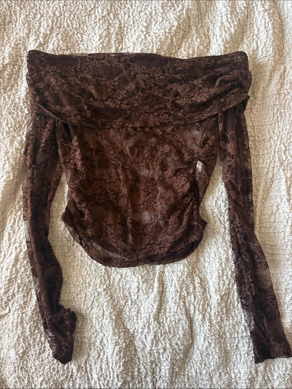 SHEIN Brown Floral Lace Off-Shoulder Long Sleeve Top